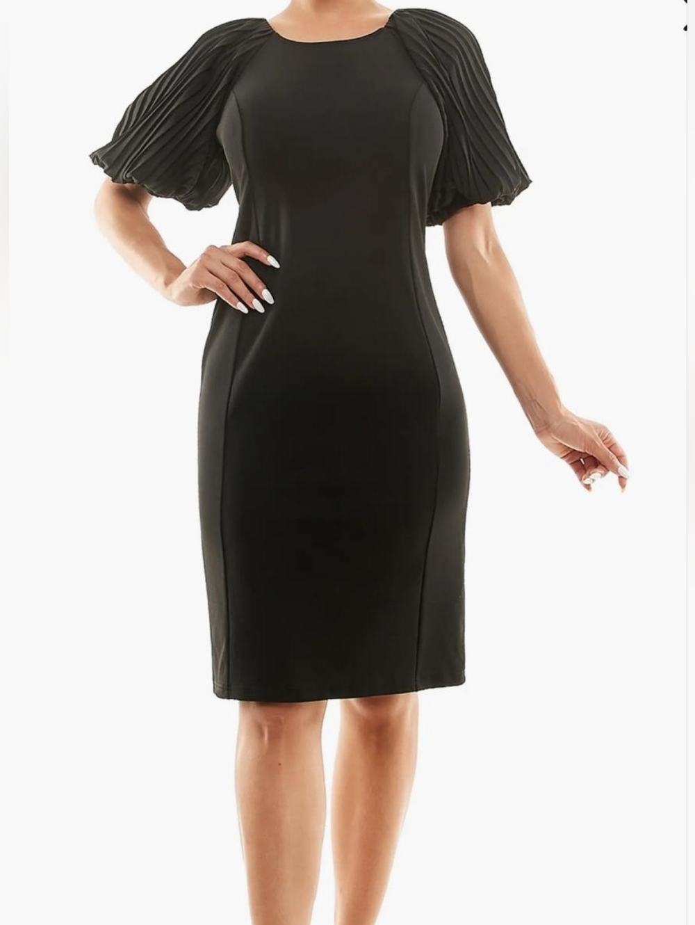 Nina Leonard Black Midi Dress with Pleated Puff Sleeves